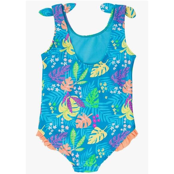 RuffleButts UPF50+ Tie Shoulder/Cross Back One Piece Swimsuit, Neon Tiki Vibe 5T - Picture 2 of 3